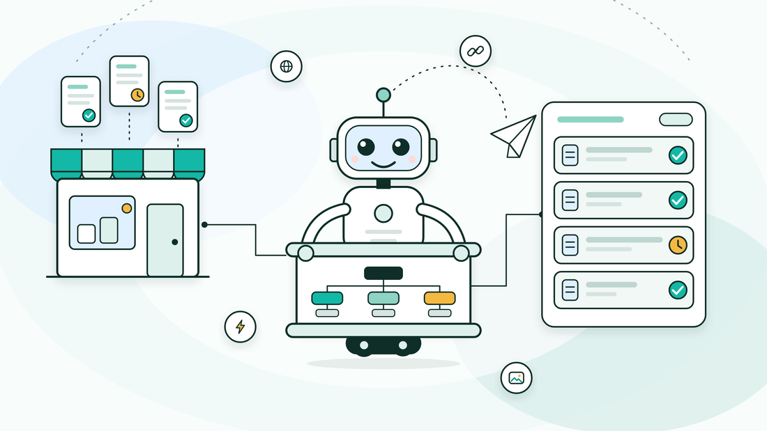 Flat illustration of a friendly robot holding a sitemap scroll between a Shopify storefront and a list of indexed pages with check marks