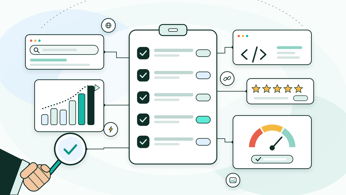 Flat illustration of a Shopify SEO checklist clipboard surrounded by search, growth chart, code, star rating and page speed cards