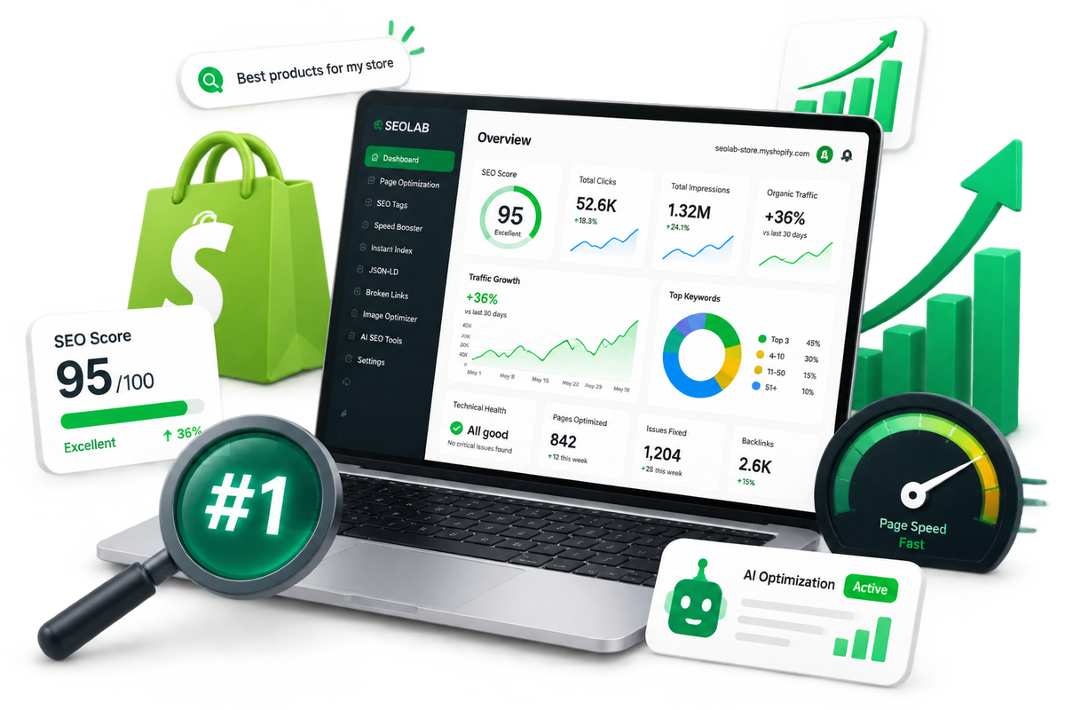 A laptop displaying an SEO dashboard with green charts and metrics, surrounded by digital marketing icons including a shopping bag, magnifying glass with '#1' badge, growth arrows, page speed gauge, and AI optimization card on a white background.